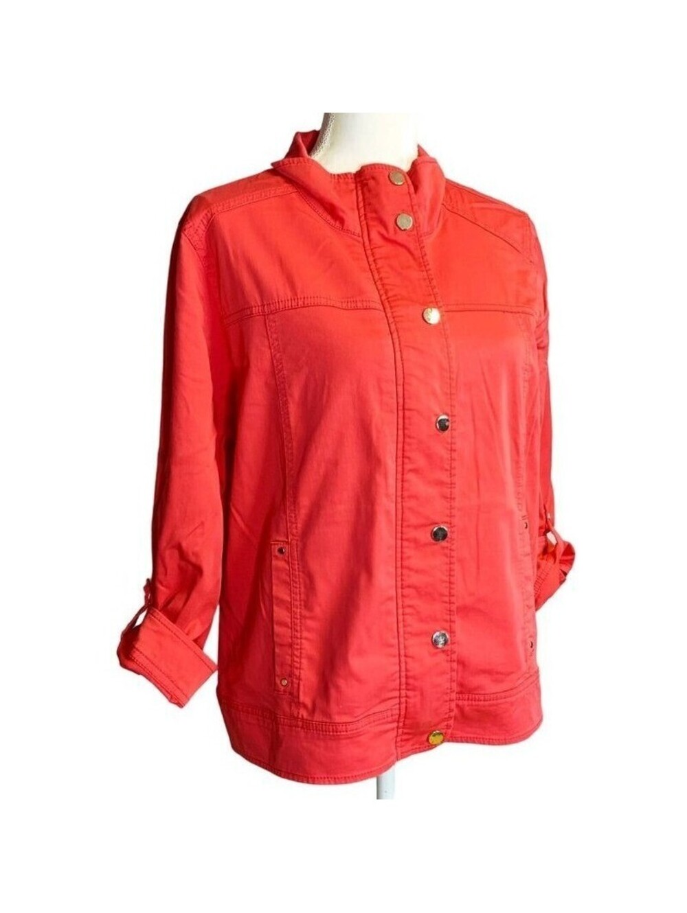 Chicos Coral Utility Jacket Size 2 Large Snap Front Roll Tab Gold Hardware